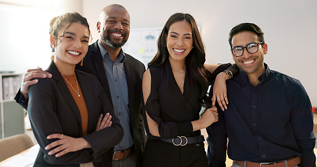 Image showing Face, business collaboration or employee diversity in workplace for teamwork or global startup. Team building, portrait or international workforce with support and solidarity in office with happiness