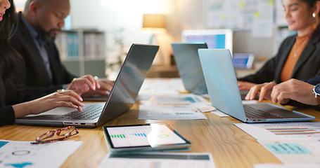 Image showing Laptop, data analytics and business research team working on a project in collaboration together on online web.Teamwork, office and corporate people typing to search the internet in meeting