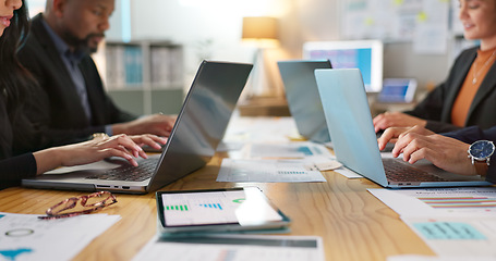 Image showing Laptop, tablet and employees share information to team working on a project in collaboration together on online web.Teamwork, office and business people typing or share data analysis in meeting