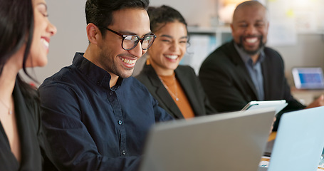 Image showing Man, presenter and collaboration with team in office for startup, strategy or business planning in New York. People, diversity and laugh at joke for work, technology or online documents for meeting