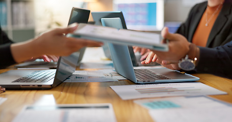 Image showing Laptop, data analytics and business research team working on a project in collaboration together on online web.Teamwork, office and corporate people typing to search the internet in meeting