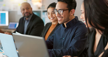 Image showing Man, presenter and collaboration with team in office for startup, strategy or business planning in New York. People, diversity and laugh at joke for work, technology or online documents for meeting