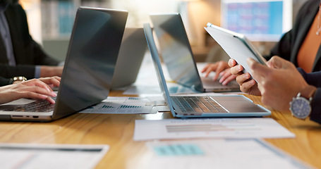 Image showing Laptop, tablet and employees share information to team working on a project in collaboration together on online web.Teamwork, office and business people typing or share data analysis in meeting