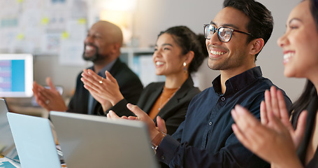 Image showing Business people, meeting applause and team for success, support or thank you in conference, workshop or seminar praise. Professional group of happy men and women clapping for news or congratulations