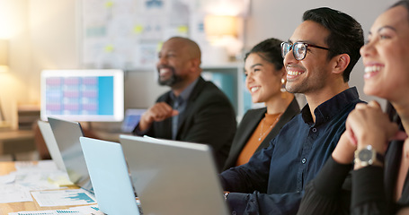 Image showing Man, presenter and collaboration with team in office for startup, strategy or business planning in New York. People, diversity and laugh at joke for work, technology or online documents for meeting