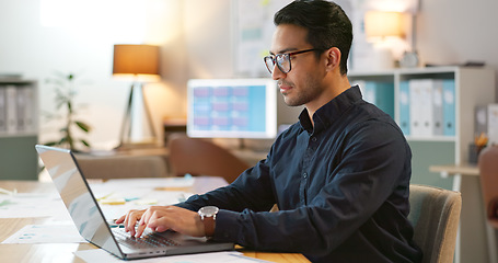 Image showing Businessman in office, typing on laptop and smile, planning online research in creative project at digital agency. Internet, website and networking, happy man with computer for email report or review