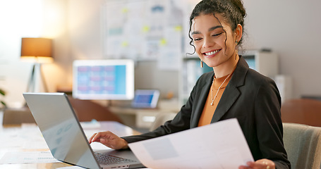 Image showing Happy businesswoman in office, typing on laptop and planning online research for creative project at digital agency. Internet, website and networking, woman with smile and computer for email review.