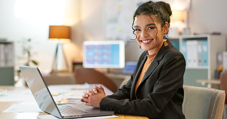 Image showing Portrait of businesswoman in office with smile, laptop and planning online research for creative project at digital agency. Internet, website and networking, happy woman and computer for email review