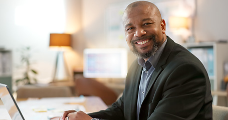 Image showing Portrait of happy black man in office, laptop and planning online research for creative project at digital agency. Internet, website and networking, businessman with smile and computer for investing.