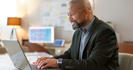 Image showing Portrait of happy black man in office, laptop and planning online research for creative project at digital agency. Internet, website and networking, businessman with smile and computer for investing.