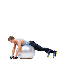 Image showing Man, training or ball in studio for dumbbell workout performance, wellness or white background mockup. Strong male athlete, equipment or fitness weights for exercise space, body challenge or balance