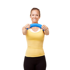 Image showing Happy woman, portrait and bend grip in resistance or arm workout isolated against white studio background. Young female person or athlete with band or tube in exercise, training or fitness on mockup