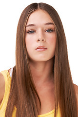 Image showing Serious, attitude and portrait of girl on a white background with confidence, beauty and style. Teenager, youth and face of isolated young person with pride, attractive and cosmetics in studio