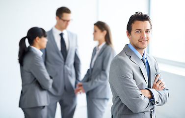 Image showing Team leader portrait, arms crossed and business man, lawyer or boss for legal pride, law firm collaboration or job career. Agent planning meeting, justice and corporate attorney for government work