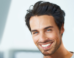 Image showing Smile, portrait and happy man at home with positive attitude, energy or mindset. Joy, face or handsome male person in a house with good mood, confidence or chilling on day off, weekend or vacation