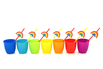 Image showing Rainbow Cups with Eco Paper Straws Abstract  