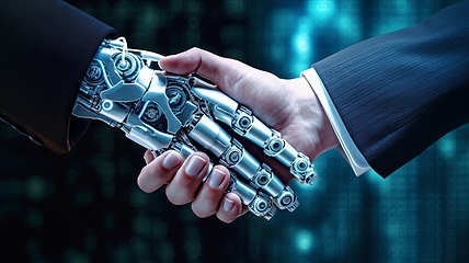 Image showing In a futuristic merger of business and technology, a businessman confidently shakes hands with a robotic arm, symbolizing innovation and collaboration