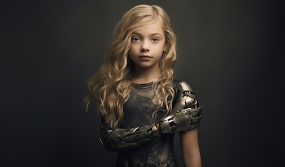 Image showing Isolated on a grey backdrop, a young girl with a robotic arm symbolizes innovation and hope for a technologically advanced future.Generated image