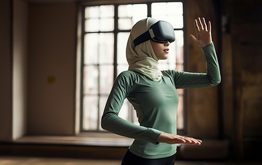 Image showing In a spiritual setting, a modern woman in a hijab explores the mosque's depth using virtual reality glasses, blending tradition with technology