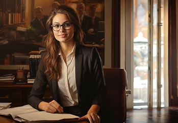 Image showing In her chic office, the accomplished businesswoman meticulously organizes documents, epitomizing professionalism and efficiency.Generated image