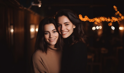 Image showing In the vibrant ambiance of a nightclub, an affectionate LGBT couple shares romantic moments, celebrating love and unity.