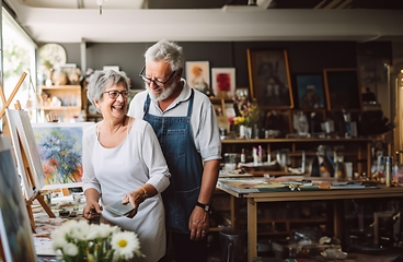 Image showing In their art studio, the older couple bonds over a shared passion, capturing imaginative moments through sketches and creative collaboration