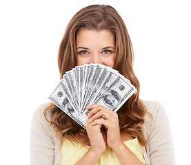 Image showing Portrait, wealth and studio woman with money, dollars or bills for financial freedom, savings budget or income revenue. Success, prize achievement and face of rich cash winner on white background