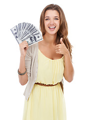 Image showing Portrait, studio and happy woman with thumbs up for money, financial prize or approve of lotto competition reward. Dollars, cash and winner with emoji like sign for loan success on white background