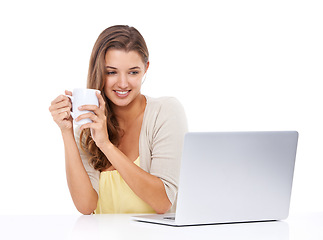 Image showing Laptop, coffee or happy woman in studio for streaming on social media, blog or copywriting research. Freelancer, smile or female person editing online isolated on a white background on break to relax