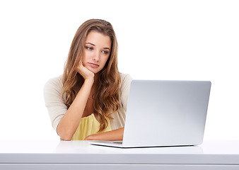 Image showing Laptop, research and email with bored woman in studio isolated on white background for communication. Computer, education or study and young student with fatigue from learning or online class