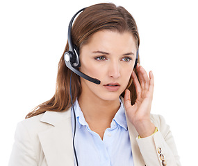 Image showing Call center, headset or woman listening in studio for communication or speaking in customer services. White background, virtual assistant or female sales agent with microphone in CRM or tech support