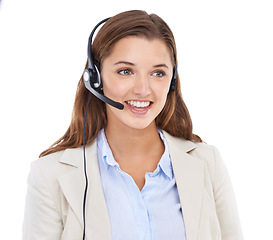 Image showing Customer support, headset and face of happy woman on business communication, sales pitch and help desk advisory. Call center studio, microphone or professional consultant talking on white background