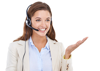 Image showing Customer service, business headset or happy woman with palm gesture for communication, telemarketing or sales pitch. Call center, mockup studio space and professional consultant on white background