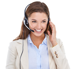 Image showing Customer care, headset and face of happy woman on business communication, telemarketing or help desk advisory. Tech support studio, contact centre and corporate agent networking on white background