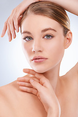 Image showing Portrait, skincare and woman with cosmetics, dermatology and wellness on a white studio background. Face, person and model with self care and grooming with healthy skin, beauty or treatment with glow