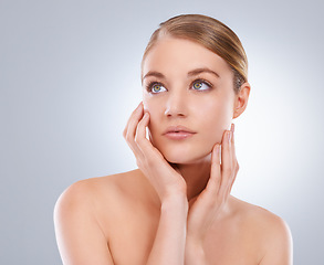 Image showing Thinking, skincare and woman with shine, cosmetics and wellness on white studio background. Person, girl and model with dermatology or idea with beauty, treatment and self care with aesthetic or glow