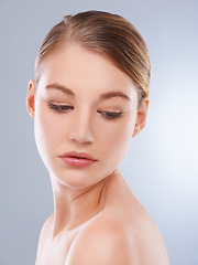 Image showing Thinking, skincare and woman with beauty, dermatology and wellness on a white studio background. Person, girl and model with beauty and grooming with makeup, treatment and self care with healthy skin