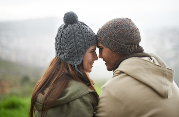 Image showing Love, forehead touch and happy couple on nature journey, travel adventure or mountain climbing trip. Marriage, eye contact and face of people connect with care, support and bond in romantic moment