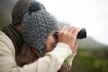Image showing Happiness, binocular and face of hiking couple looking at outdoor view of nature journey, travel adventure or active walk. Profile, trekking and people explore destination, bird watching or wellness