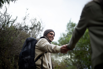 Image showing Happy couple, holding hands or man walking on nature hiking journey, travel adventure or morning trip in jungle forest. Marriage, love or outdoor husband lead partner on trekking exploration in woods