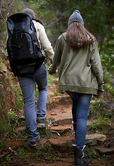 Image showing Couple, hiking in nature and holding hands for outdoor adventure and travel journey in a forest or eco woods. Back of People with love, support and walking or trekking in backpack on mountains path