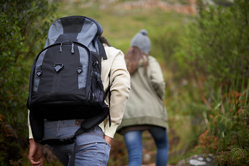 Image showing Couple of friends, hiking in nature for travel, outdoor adventure or journey in forest or eco friendly woods. Back of people walking together or trekking in backpack on mountains path to explore