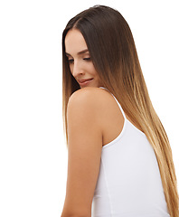 Image showing Beauty, hair and happy with natural woman in studio isolated on white background for keratin treatment. Aesthetic, wellness and growth with young model at salon for shampoo, balayage or haircare