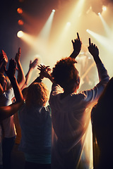 Image showing Concert, fans and people dance to music, event and lights on stage for performance at festival. Nightclub, party and back of audience or excited crowd listening to musician and sound with freedom