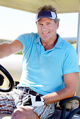 Image showing Man, portrait and smile in golf cart on grass as professional athlete for transportation, hobby or sport. Mature person, face and pro driving on course at club or talent training, vacation or holiday