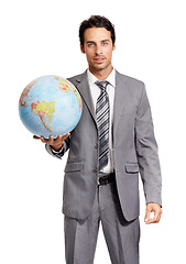 Image showing Portrait, business man and globe, earth or worldwide travel isolated on a white studio background. Agent, professional suit and planet map for geography, journey and sphere for international vacation