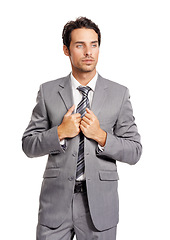 Image showing Thinking, business and man adjust formal suit with fashion, style or vision of future in white background of studio. Serious, businessman and ideas for corporate career, work and entrepreneur insight