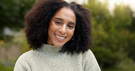 Image showing Face, smile and woman outdoor in nature on vacation, holiday or trip. Portrait, happy and female person from South Africa with positive mindset, joy or confidence for freedom to relax in summer alone