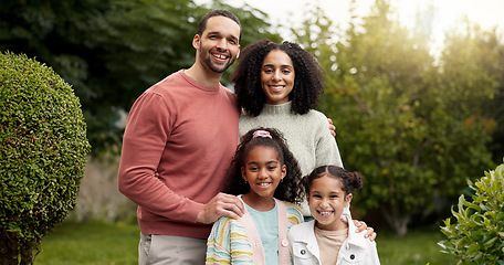 Image showing Mother, father and happy family portrait outdoor with a smile, love and care in nature. Young latino woman and man or parents and kids together at a park or garden for quality time, peace and fun