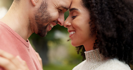 Image showing Forehead, nature and couple with love, smile and relationship with happiness, romantic and bonding. Romance, man and woman outdoor, dating and marriage with loving together, support and commitment